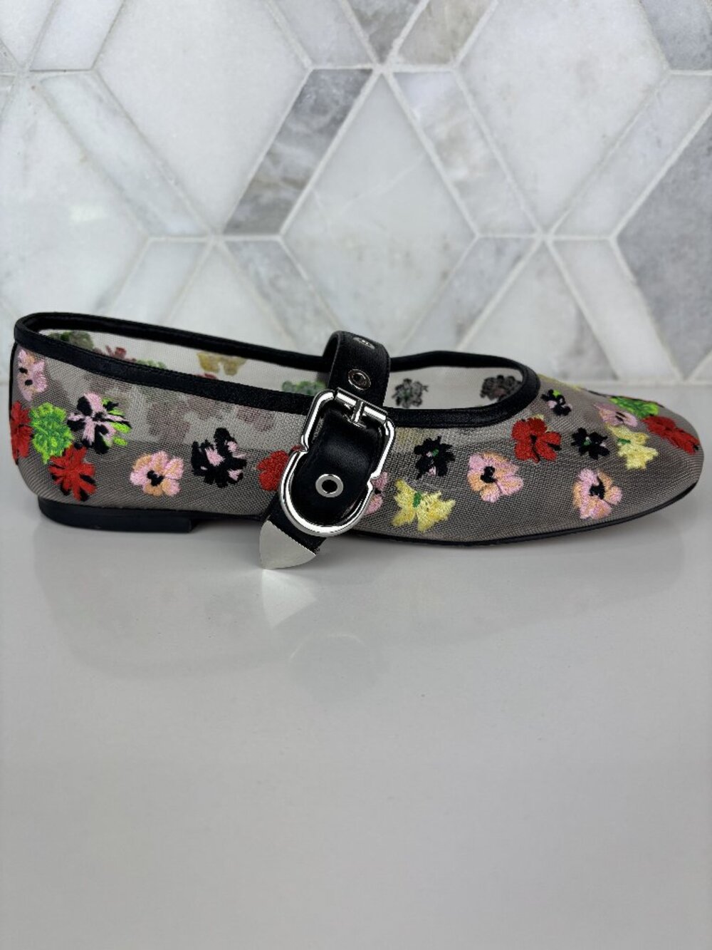36 Phillip Lim ID Flowerworks Mesh Flat Embroidered Floral Square Toe Leather - Picture 4 of 13